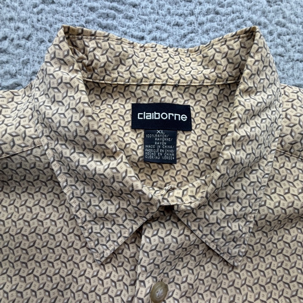 Claiborne Button Down Shirt Mens XL Tan Geometric Rayon Short Sleeve